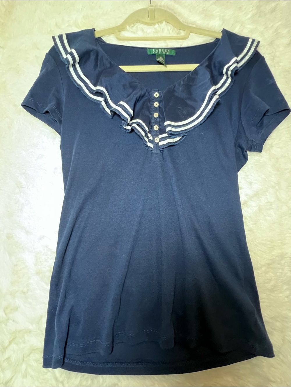 Lauren Ralph Lauren Navy Short Sleeve Ruffle-Trim Tee Preppy Classic Coastal
